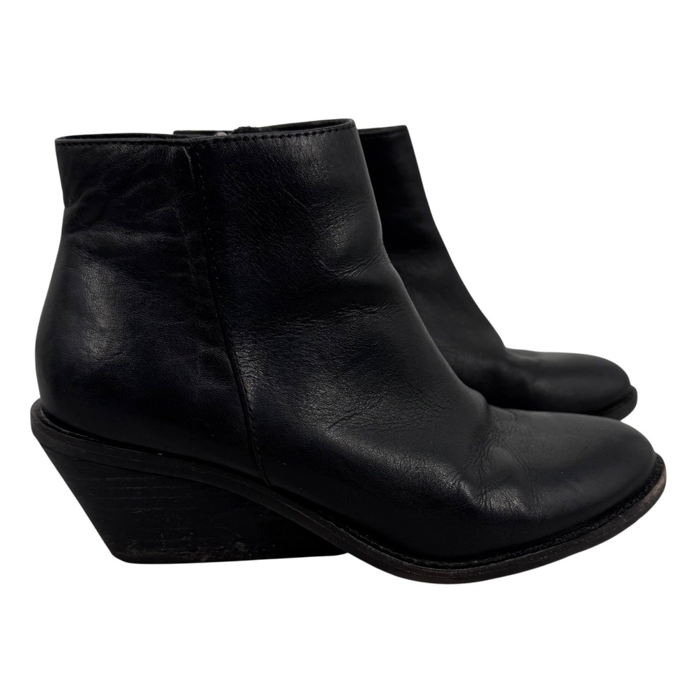 Sofft Nina Black Leather Wedge‎ Ankle Boots Almond Toe Side Zip Womens 6.5M Boho